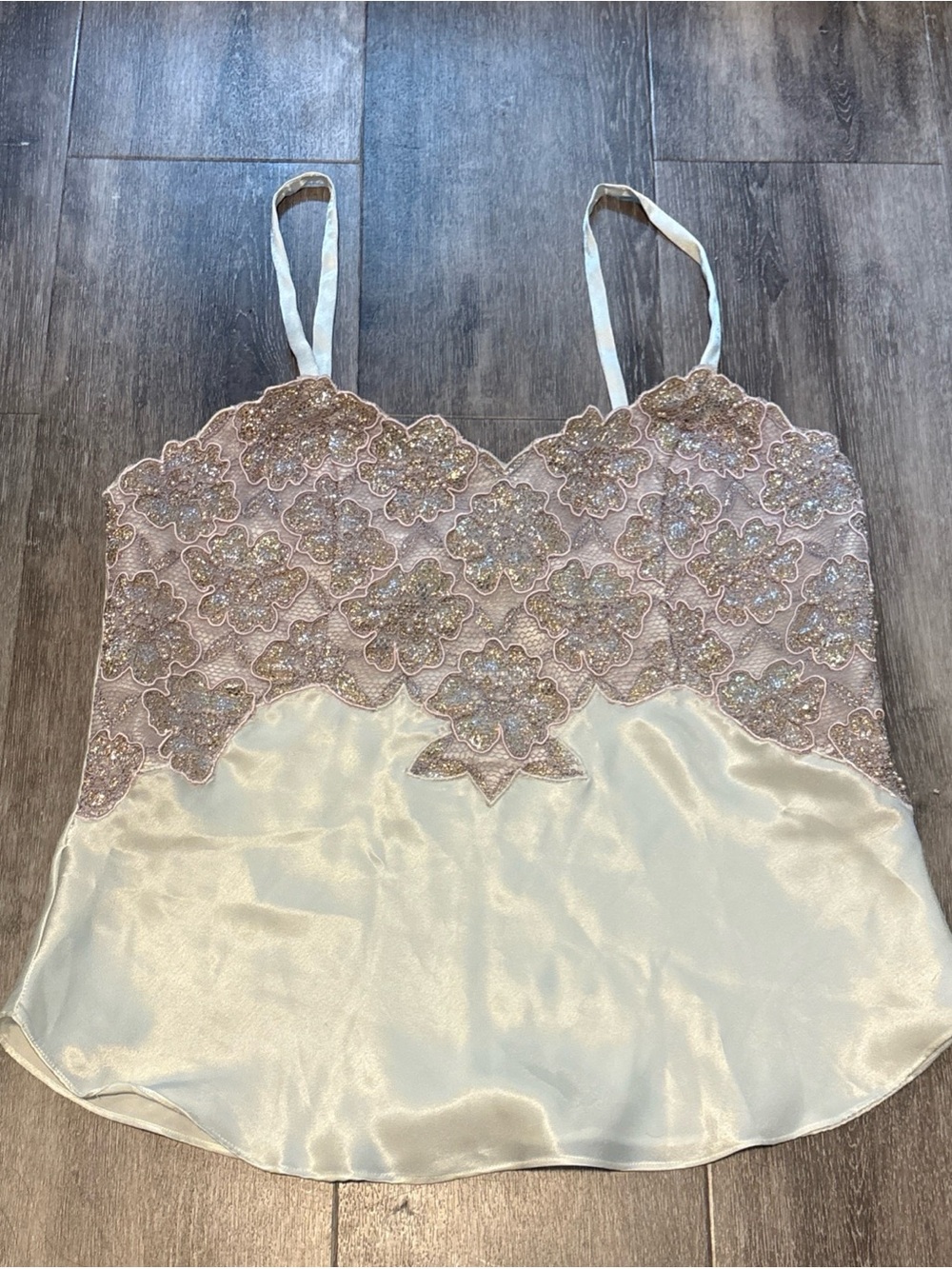 Vintage Victoria Secret Gold Label Cami Top Lace Beading Size M Ivory Light Pink